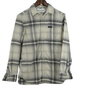 Calvin Klein Flannel Shirt Mens XS Creme Gray Cabincore Grunge Campcore Outdoor
